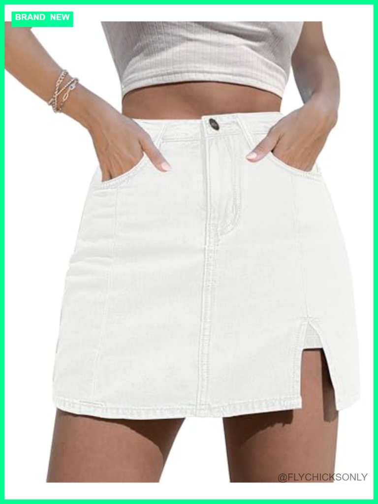 High Waisted Denim Skort With Slit, Stretchy Jean Mini Skirt